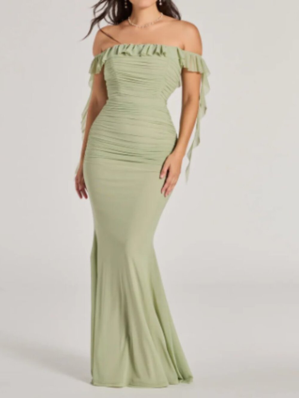 ♡ Sage Green Off-The-Shoulder Mesh Long Prom Dress
